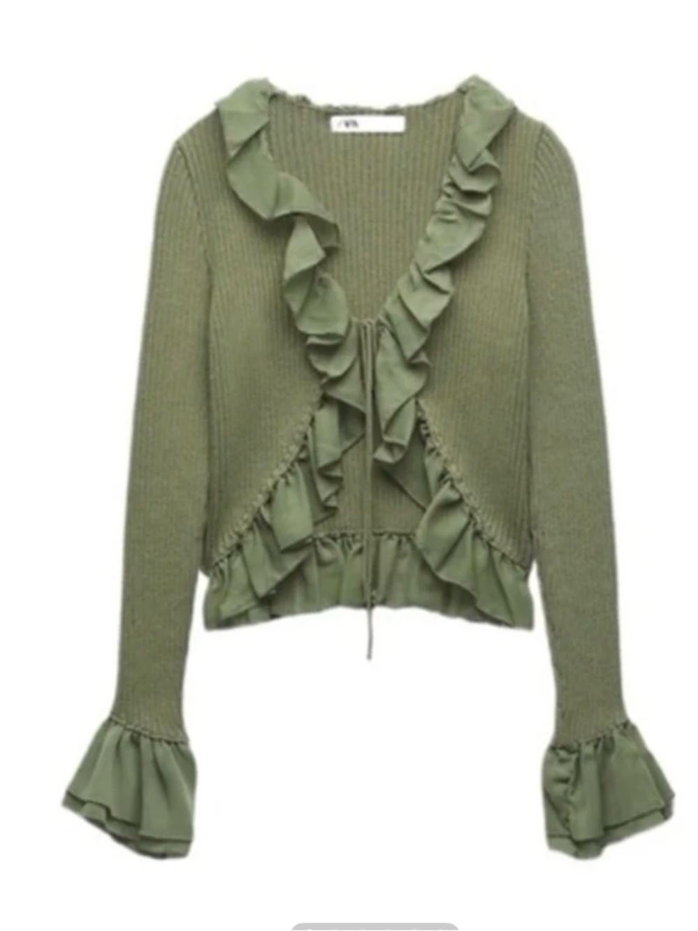 NWT ZARA Olive Ruffle Tie-Front Sweater Cardigan and matching earrings